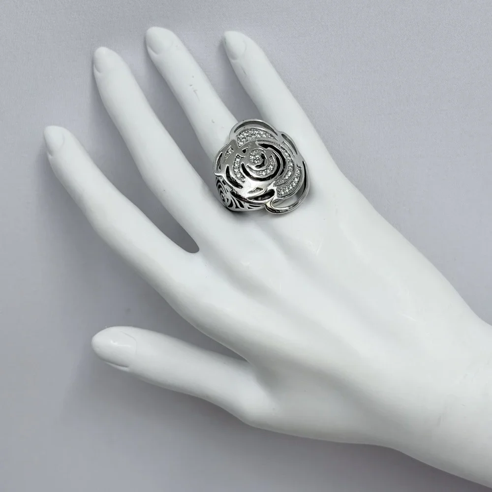 Lauren G Adams Silver Tone Metal Rose CZ Ring LGA Daisy Enamel Size 6 3/4 7